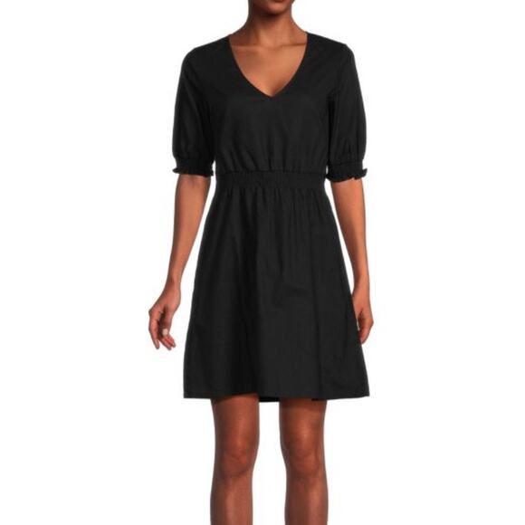 Saks Fifth Avenue Linen Blend V Neck Short Sleeve Dress Size S Small Black - Picture 8 of 8